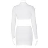 Women Summer Solid Color Polo Neck Long Sleeve Crop top + Short Skirt Two Piece
