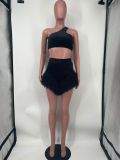 Women Solid Color Sexy Feather Irregular Top + Shorts Two-piece Set