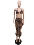 Women Brown Bikini Halter Striped Print Hollow Out Three Piece Cover-Up Swimsuit Set