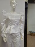 Women Fall Casual White ruffles Long Sleeve + Slim Pants Two Piece Set