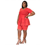 Plus Size Women Summer Solid Round Neck Pleated Short Sleeve Top + Shorts Two Piece
