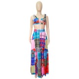 Summer Women clothes Floral Print Sleeveless Lace-Up Slip Skirt Set