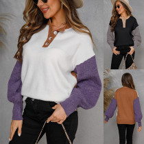 Fall Winter Plus Size Button Women's Pullover Sweater Patchwork Knitting Shirt