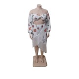 Plus Size Women clothes Floral Off Shoulder Puff Shoulder Crop Top Fringe Slit Skirt Plus Size Two Piece Set