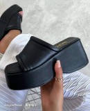 Summer Peep-Toe Sexy High Heel Rubber Wedge Faux Leather One-Line Platform Women's Slippers Outdoor Wear