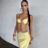 Women clothes Fashionable Sexy Wrap Top Slim Fit Skirt Hollow Out two piece Skirt set