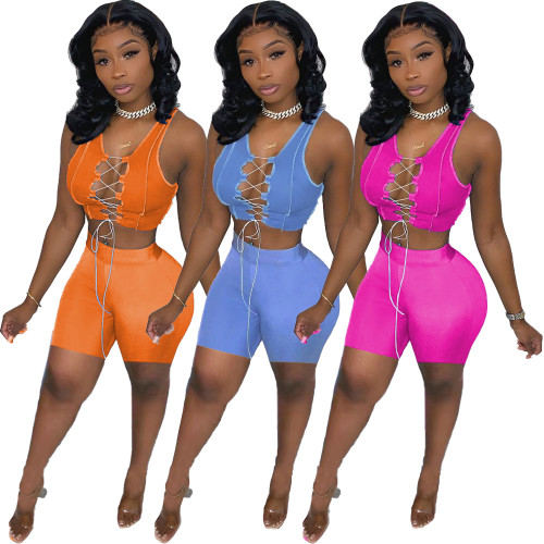 Summer Sexy Women clothes Sleeveless Lace-Up Slim Fit Two Piece Shorts Set
