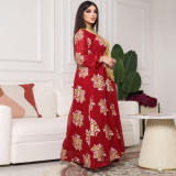 Muslim Summer Dubai Embroidered Fur Trim Gold Lace Dress Long Dress