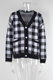 Trendy Knitting shirt plaid single breasted cardigan slim sweater jacket