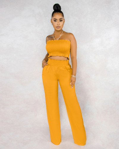 Women clothes Solid Color Sexy Pleated Wrap Chest Pocket Loose Wide Leg Pants Casual Two Piece Set