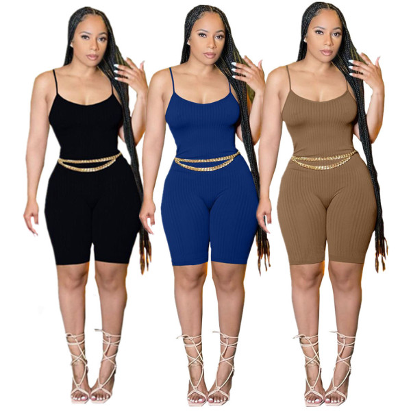 Women clothes Solid Color Ribbed Suspender Sleeveless Sexy Fashion Jumpsuit