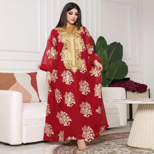 Мусульманское Лето Дубай Вышитое Меховой Отделкой Золотое Кружевное Платье Длинное Платье