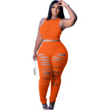 Fashion Plus Size Women clothes Solid Color Sleeveless Ripped Hollow Out Two Piece Pants Set