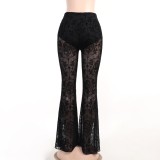 Ladies Long Pants Summer Lace See-Through Sexy High Waist Slim Bell Bottom Pants