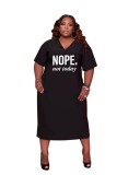 Plus Size Women clothes Solid Hooded Letter Print V Neck Short Sleeve Back Hollow Out Casual Long Dress