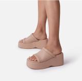 Summer Peep-Toe Sexy High Heel Rubber Wedge Faux Leather One-Line Platform Women's Slippers Outdoor Wear