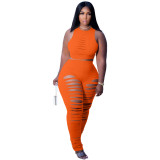 Fashion Plus Size Women clothes Solid Color Sleeveless Ripped Hollow Out Two Piece Pants Set