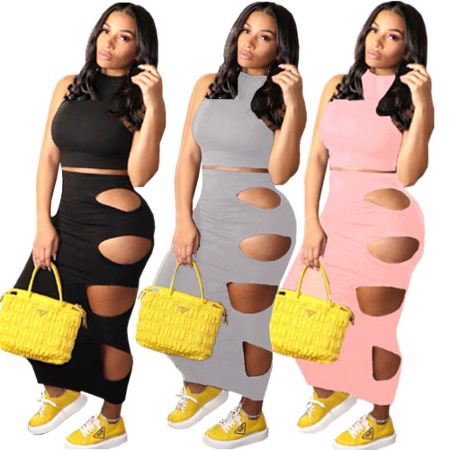 Women clothes Sexy Solid Color Ripped Bodycon Sleeveless Two Piece Skirt Set