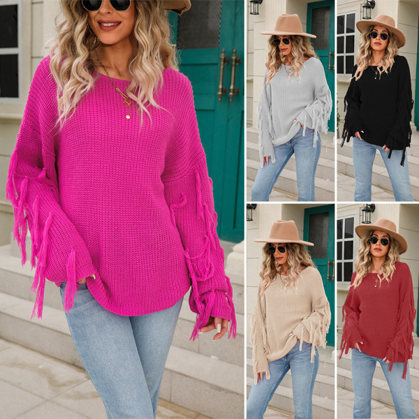 Fall/Winter knitting tassel Style Fashion Chic Career Pullover Plus Size Loose Solid Color Sweater Blouse