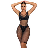 Women clothes Sexy Mesh Cutout Sexy Tight Fitting Beaded Bodysuit