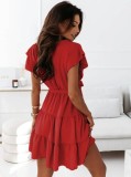 women's Wrap V-neck solid color pullover short sleeve Casual dress