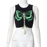 Summer Round Neck Pullover Sleeveless Butterfly Print Tie Women clothes Top Tank Top