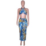 Women clothes Summer Cutout Halter Neck Strapless Printed Mesh Lace-Up Sexy Nightclub Skirt Suit