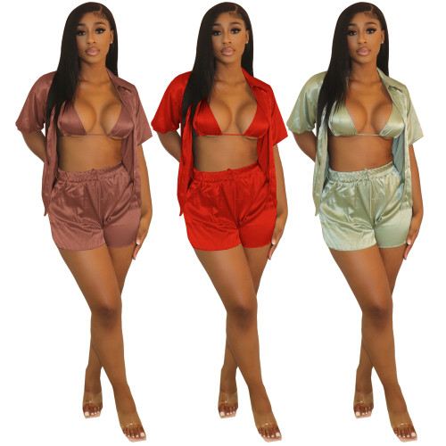 Women clothes Solid Satin Bra Shirt Shorts fashion Casual Three-Piece Set