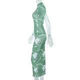 Women clothes mesh See-Through Print Round Neck Short Sleeve Maxi Dress