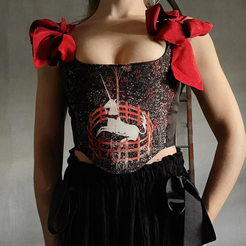 Top a corsetto da donna corto con stampa senza maniche con lacci e pullover estivo