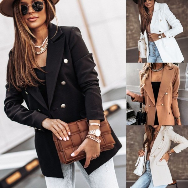 women's autumn and winter solid color long-sleeved double-breasted blazer jacket
