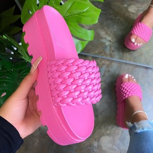 High-heeled pu platform rubber ultra-thick bottom slippers woven pattern women's sandals