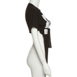 Summer Women clothes Digital Print Round Neck Cutout Tie Street Fashion Slim Fit Casual Top