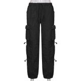 Street Fashion Women clothes Solid Pocket Patchwork Elastic Waist Tie Cargo Casual Pants