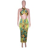 Women clothes Summer Cutout Halter Neck Strapless Printed Mesh Lace-Up Sexy Nightclub Skirt Suit