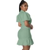 Women clothes Turndown Collar Puff Sleeves Solid Fishtail Dress
