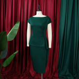 Women Summer Green Modest O-Neck Short Sleeves Solid Slit Midi Pleated Office Dress