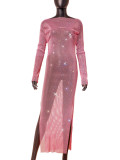 Women's Side Slit Party Night Round Neck Long Sleeve Sparkly Beaded Maxi Dress