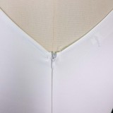 Women Summer White Formal O-Neck Short Sleeves Solid Slit Midi Sheath Office Dress