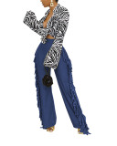 Autumn and winter women's cute print striped fringed trousers