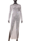 Women's Side Slit Party Night Round Neck Long Sleeve Sparkly Beaded Maxi Dress