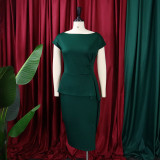 Women Summer Green Modest O-Neck Short Sleeves Solid Slit Midi Pleated Office Dress