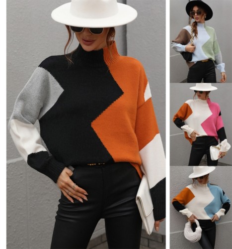 Herfst/Winter Losse Colorblock Ronde Hals Gebreid Shirt Dames Pullover Sweater