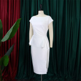 Women Summer White Formal O-Neck Short Sleeves Solid Slit Midi Sheath Office Dress