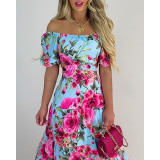 Women Elegant Rose Off Shoulder Puff Sleeve Maxi dress