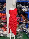 Women Summer Red Modest Slash Neck Sleeveless Solid Slit Pleated Midi Dress