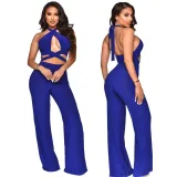 Women Pants Halter Neck Sleeveless Solid Color Wide Leg Jumpsuit