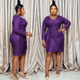 Plus Size Women African Sequin V-neck Long Sleeve Dress