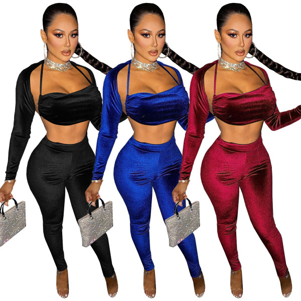Women Solid Color Straps Long Sleeve Trousers 3 Piece set