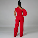 Einfarbiger Damen-Overall mit weitem Bein und einer Schulter